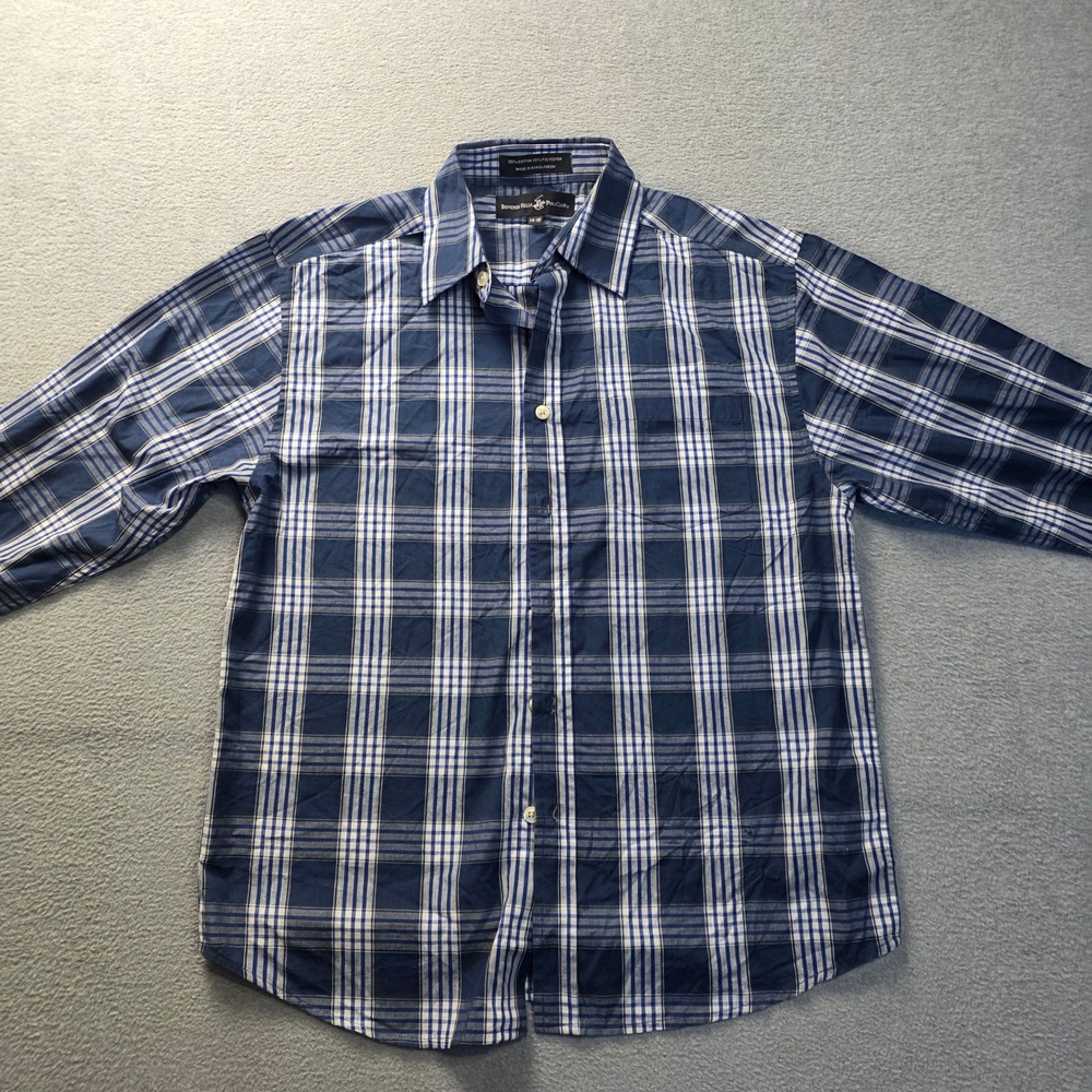 Beverly Hills Polo Club Button Front Shirt Long Sleeve Boys 14-16 Blue Plaid